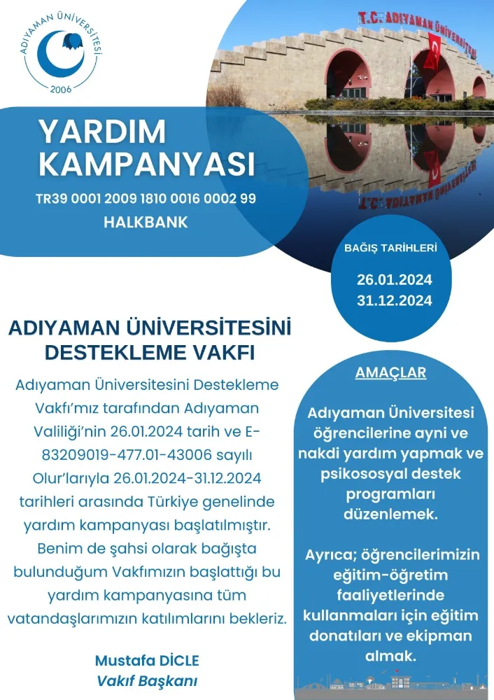 Adıyaman Üniversitesini Destekleme Vakfı Tarafından Yardım Kampanyası Başlatıldı