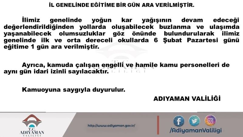 Kar Yağışı Nedeniyle İl Genelinde Eğitime 1 Gün Ara Verildi